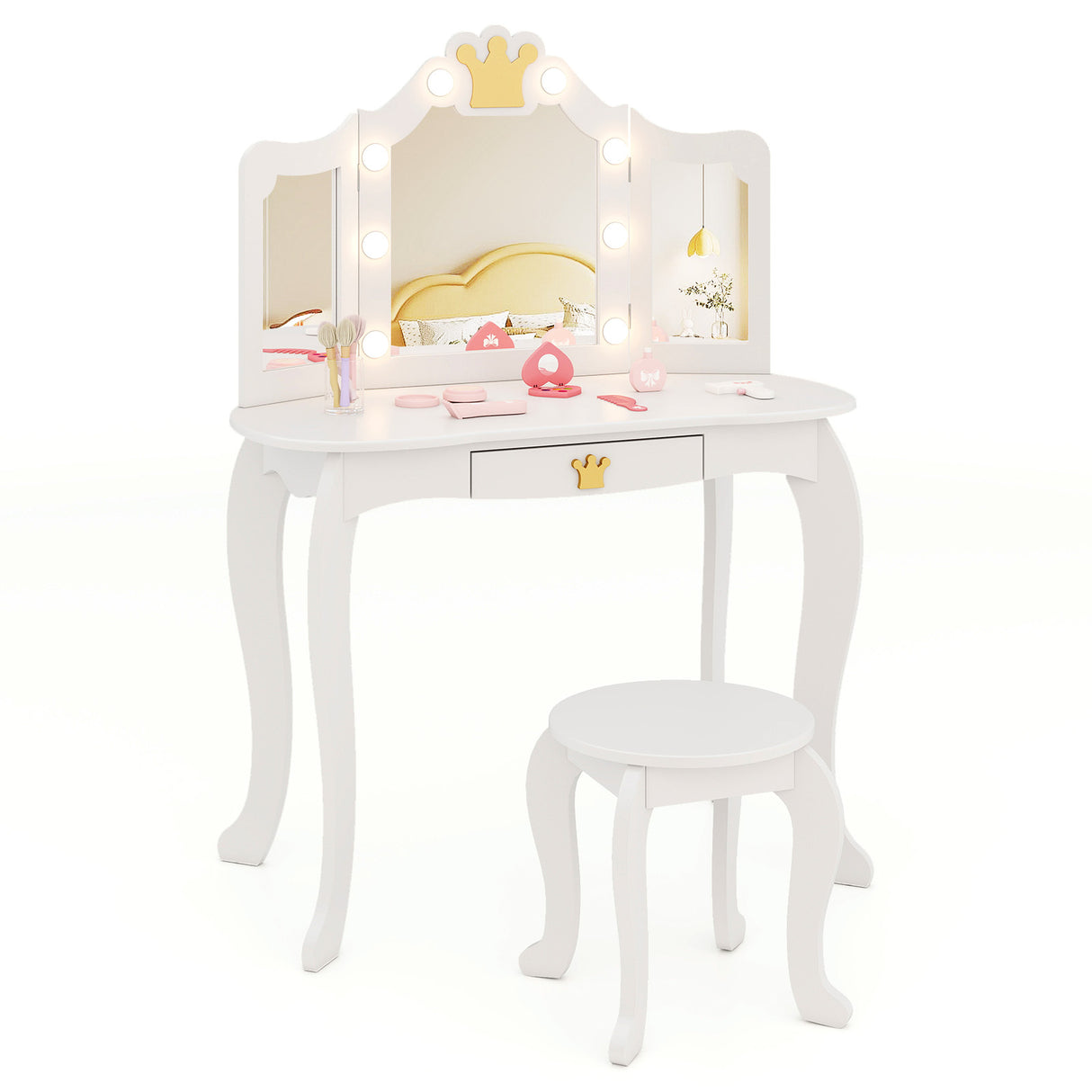 Kids Vanity Set with Tri-fold Lighted Mirror Detachable Top and Stool