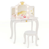 Kids Vanity Set with Tri-fold Lighted Mirror Detachable Top and Stool