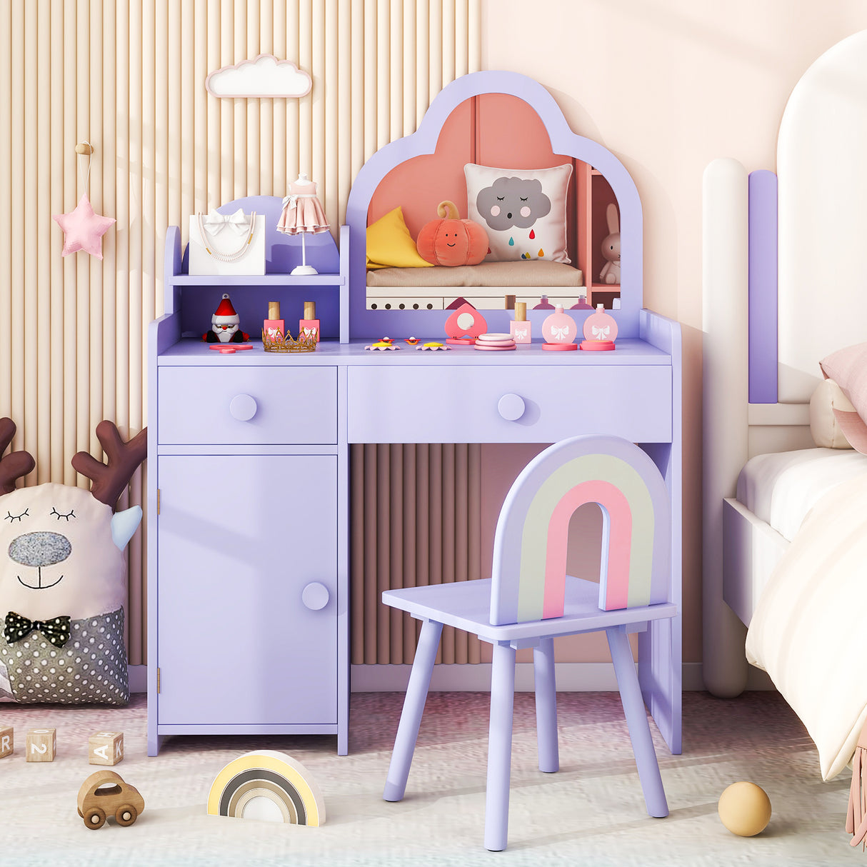 Kids Vanity Table and Chair Set with Cloud-shaped Mirror and Open Shelf