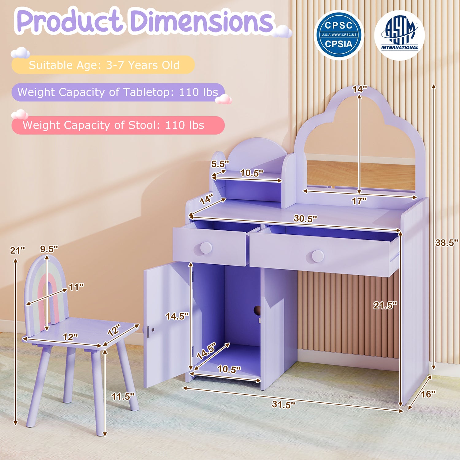 Kids Vanity Table and Chair Set with Cloud-shaped Mirror and Open Shelf