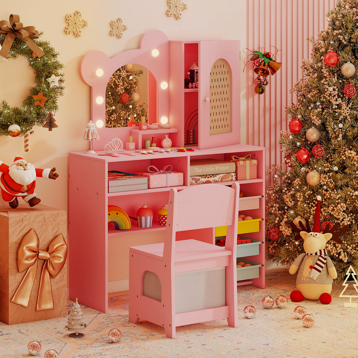 Kids Vanity with Lights and 5 Drawers for Kids Aged 3+ Years Old