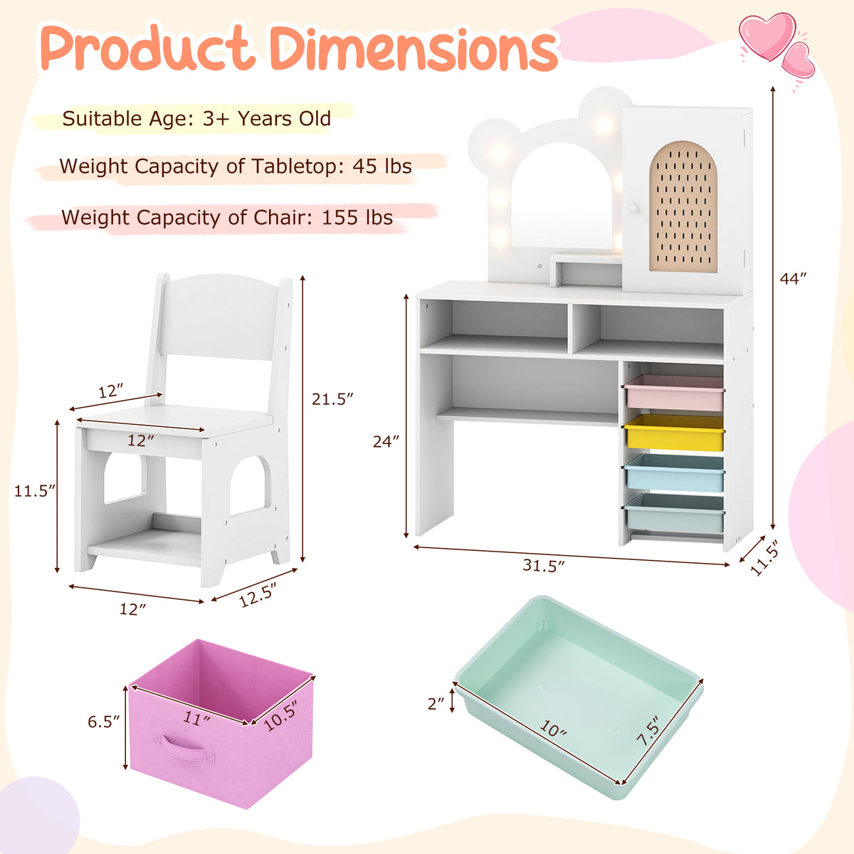 Kids Vanity with Lights and 5 Drawers for Kids Aged 3+ Years Old