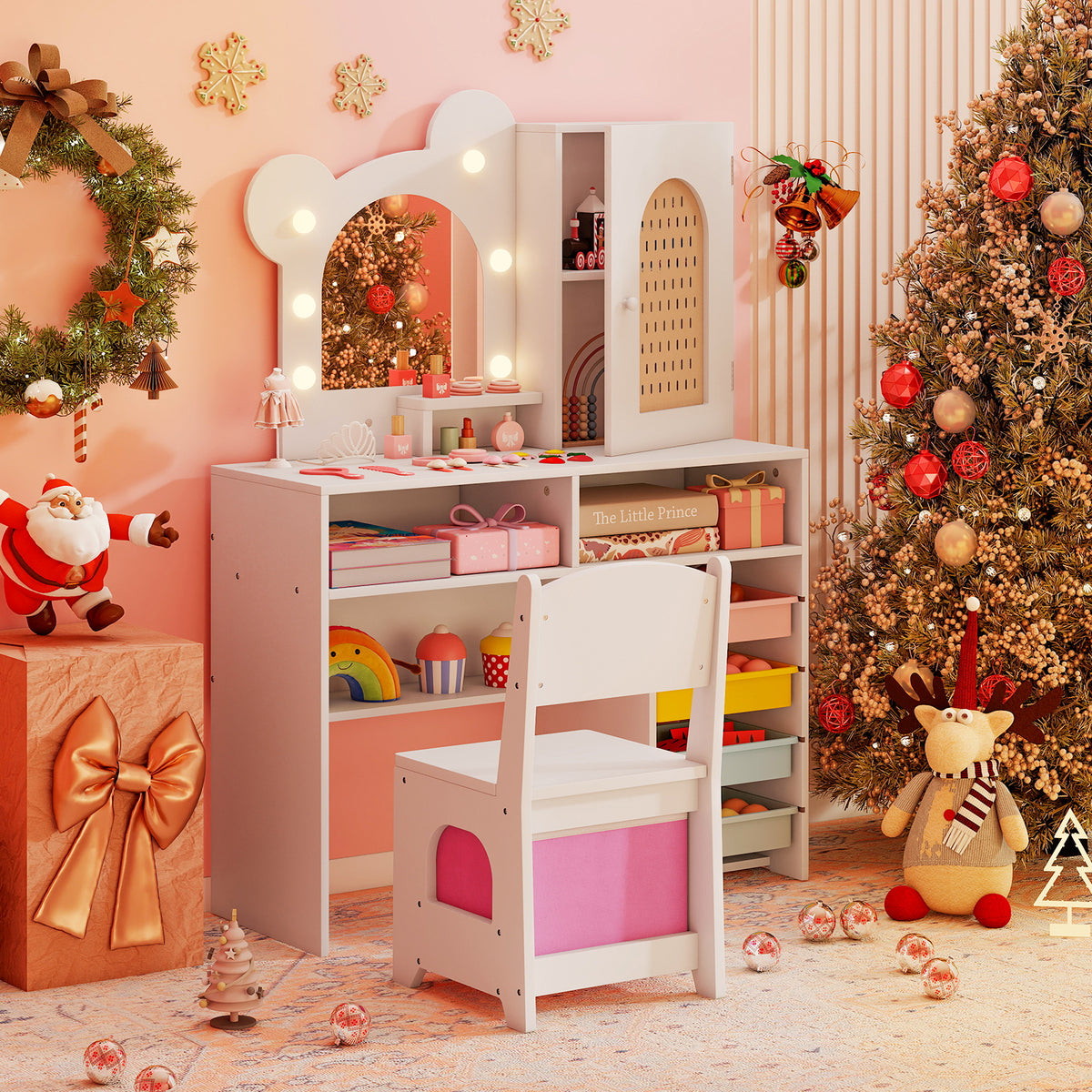 Kids Vanity with Lights and 5 Drawers for Kids Aged 3+ Years Old
