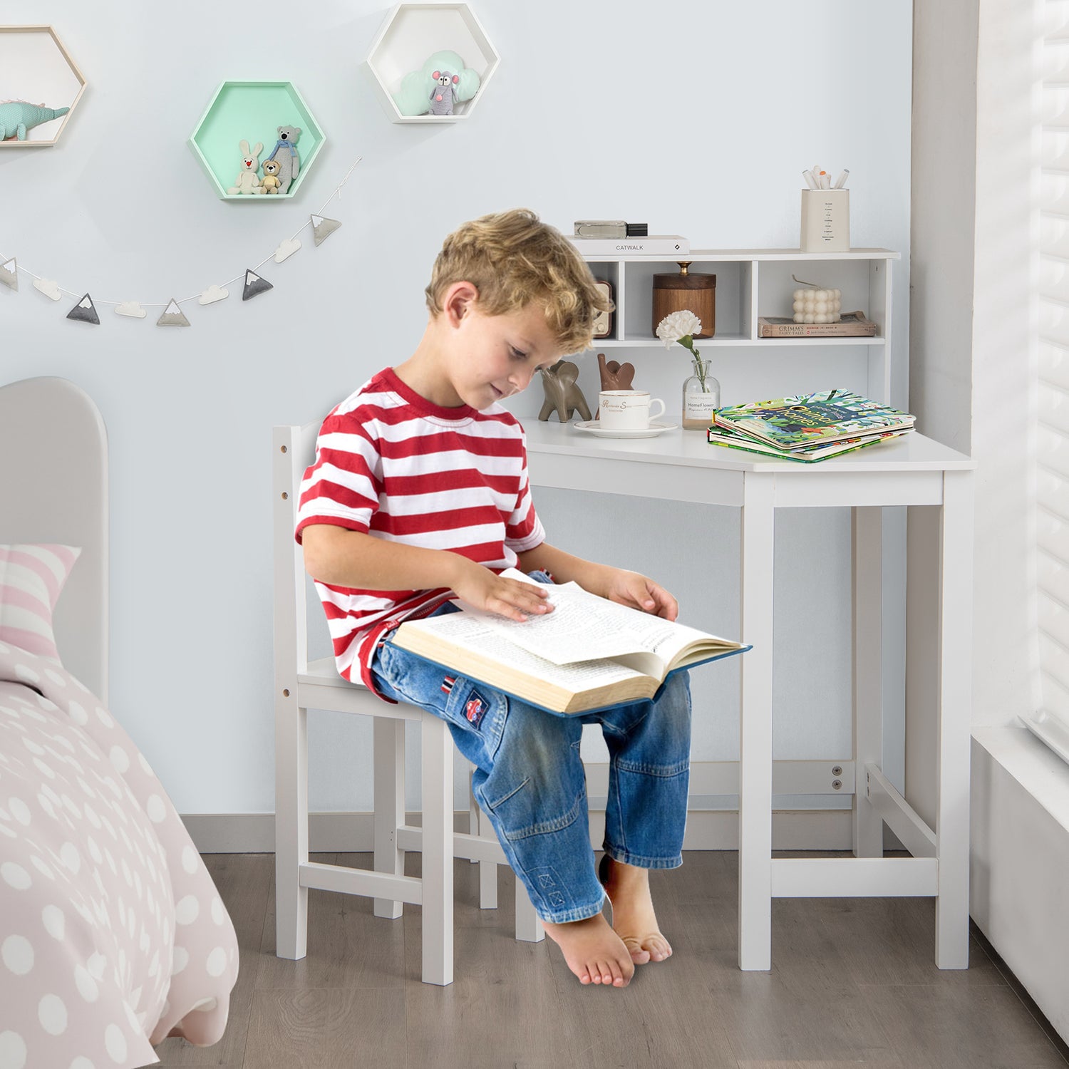 Kids Wooden Corner Desk and Chair Set with Hutch and Storage-White