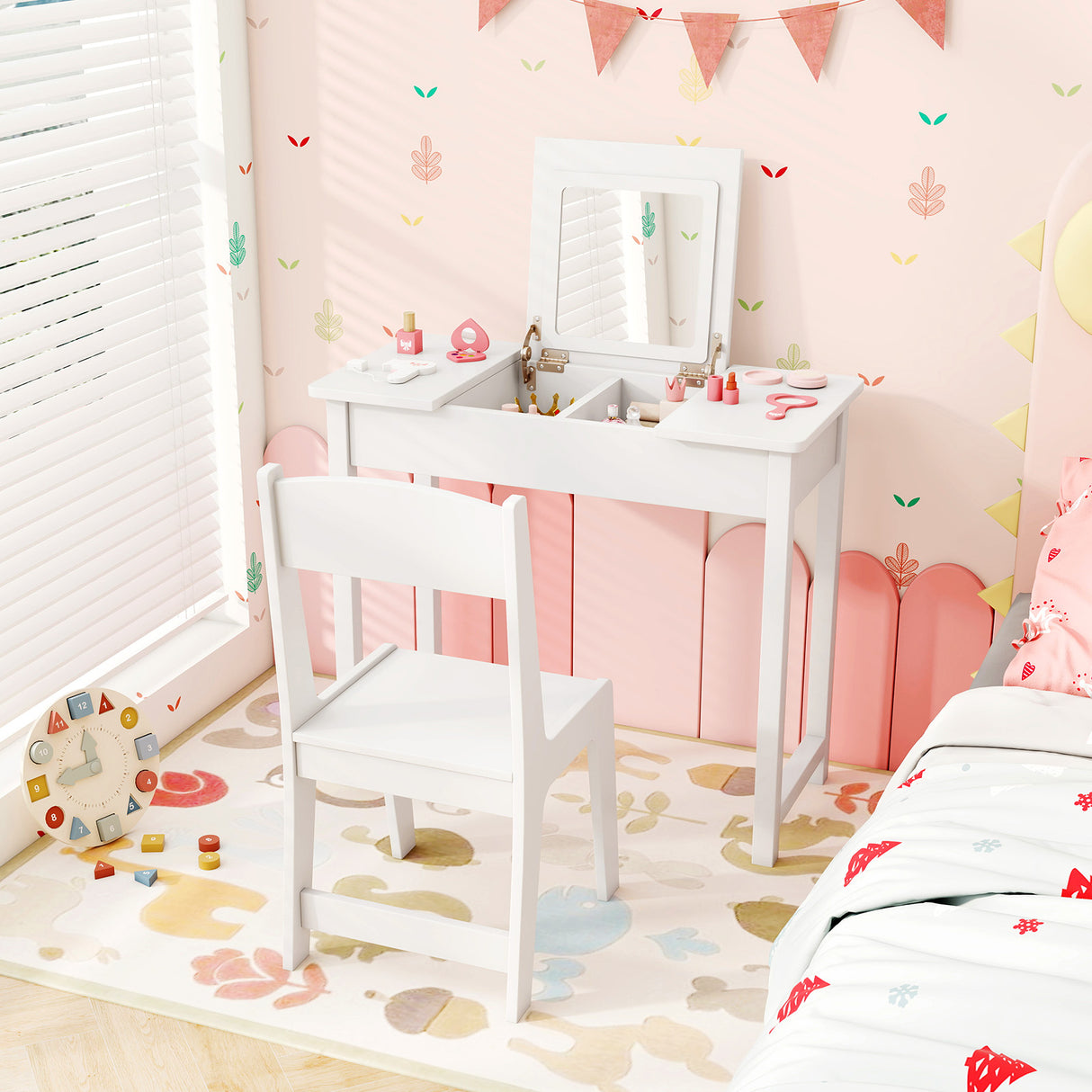 2-in-1 Kids Vanity Makeup Table and Chair Set with Flip Top Mirror