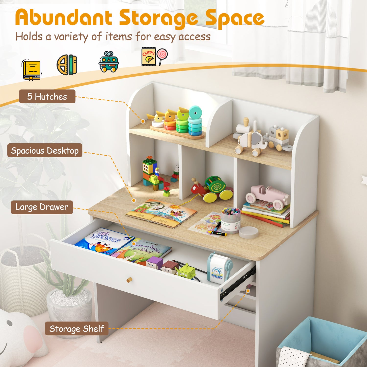 Kids Wooden Study Desk Writing Table with Hutch and Drawer