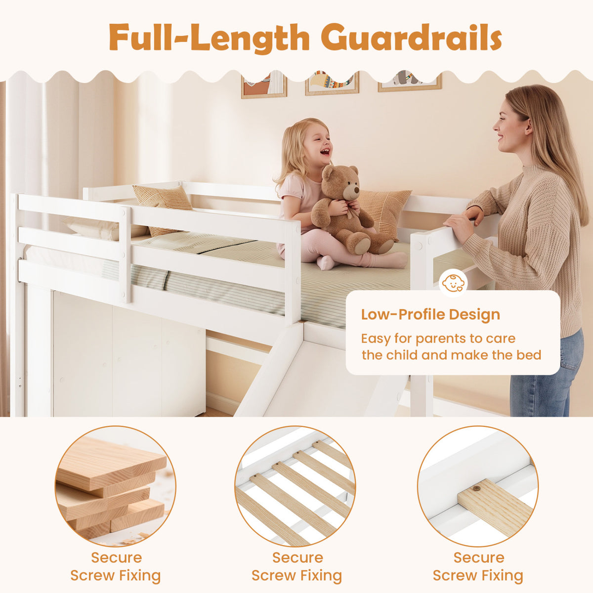 Kids Wooden Twin Size Loft Bed Frame with Slide and Ladder-White