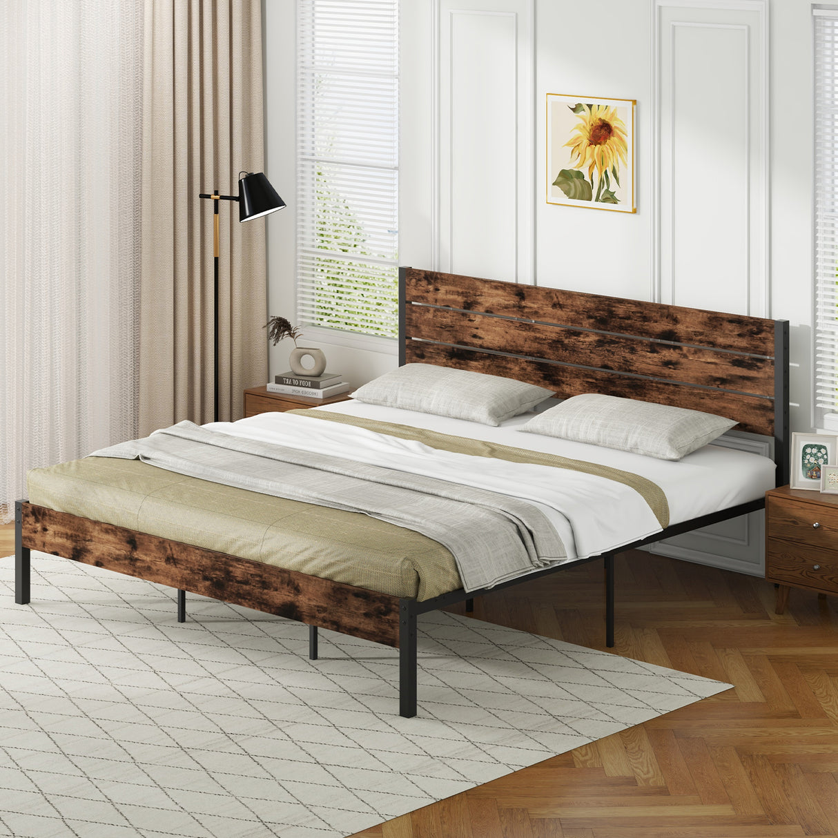 Full/King/Queen/Twin Size Bed Frame with High Headboard and Mute Bar
