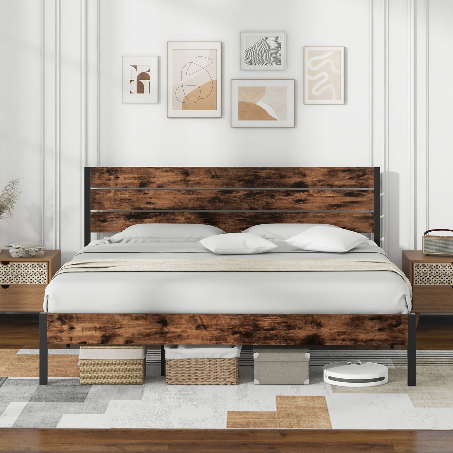 Full/King/Queen/Twin Size Bed Frame with High Headboard and Mute Bar