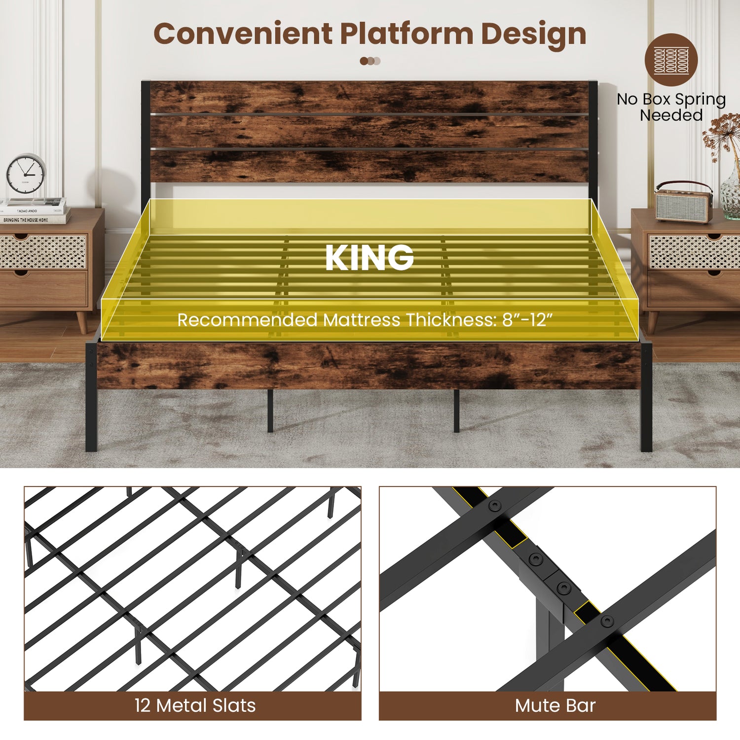 Full/King/Queen/Twin Size Bed Frame with High Headboard and Mute Bar