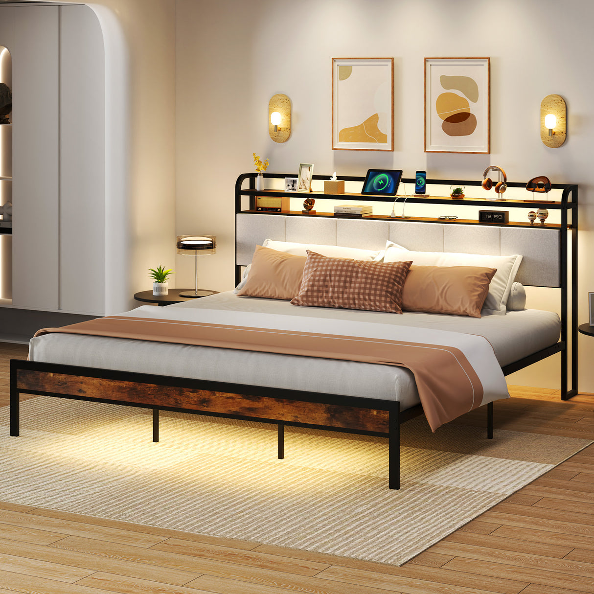 Twin/Full/Queen/King Size Bed Frame with LED Light and Charging Station