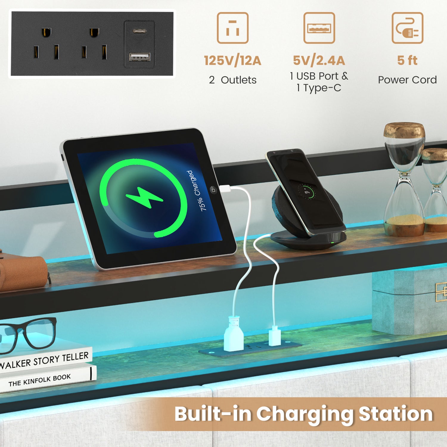 Twin/Full/Queen/King Size Bed Frame with LED Light and Charging Station