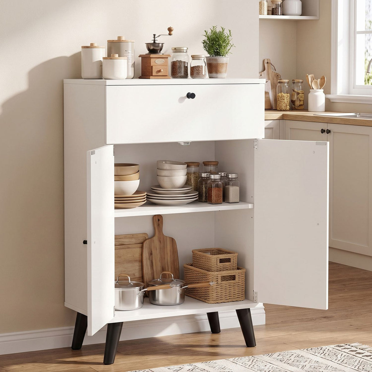 Kitchen Buffet Cabinet with 1 Drawer 2 Doors and Adjustable Shelf-White