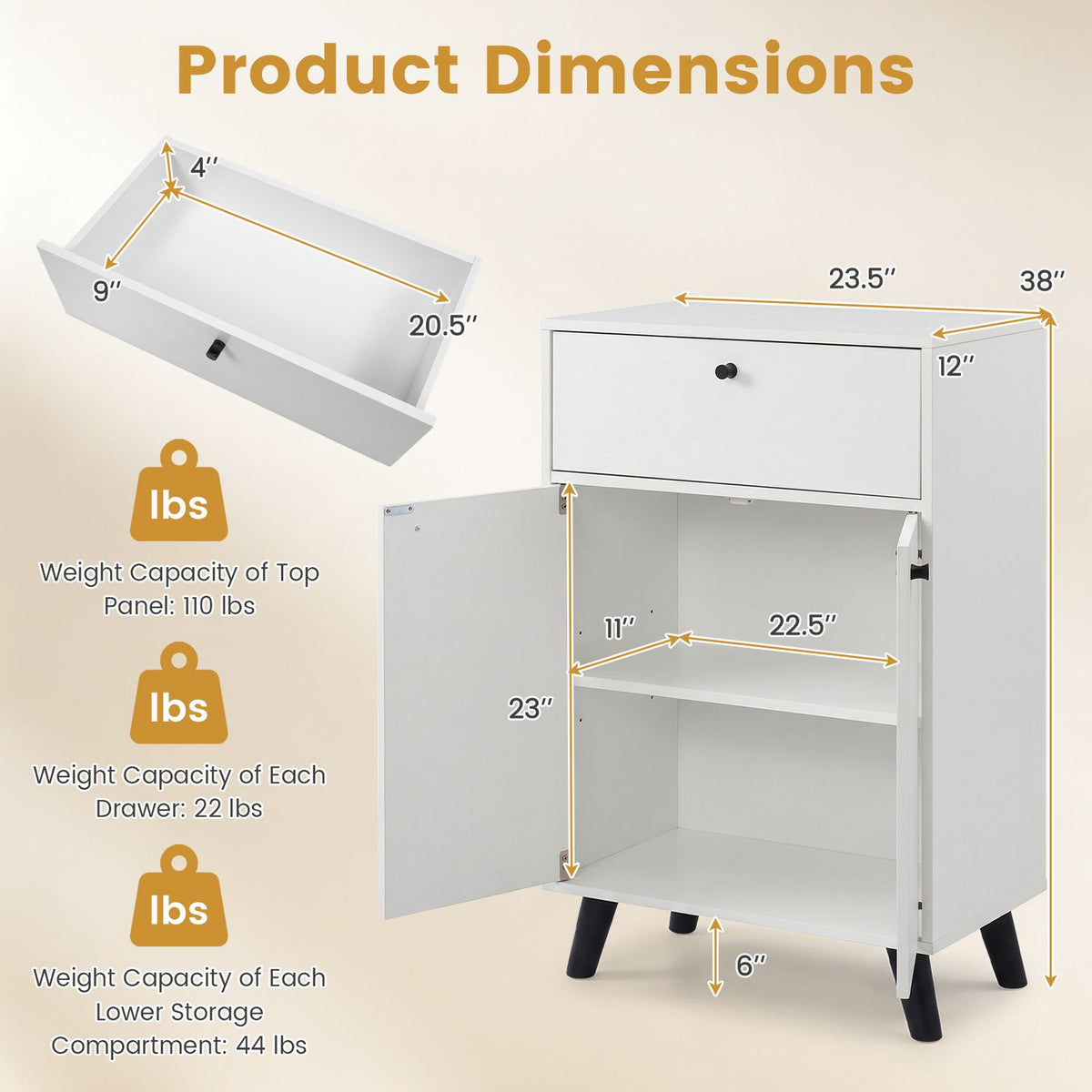 Kitchen Buffet Cabinet with 1 Drawer 2 Doors and Adjustable Shelf-White
