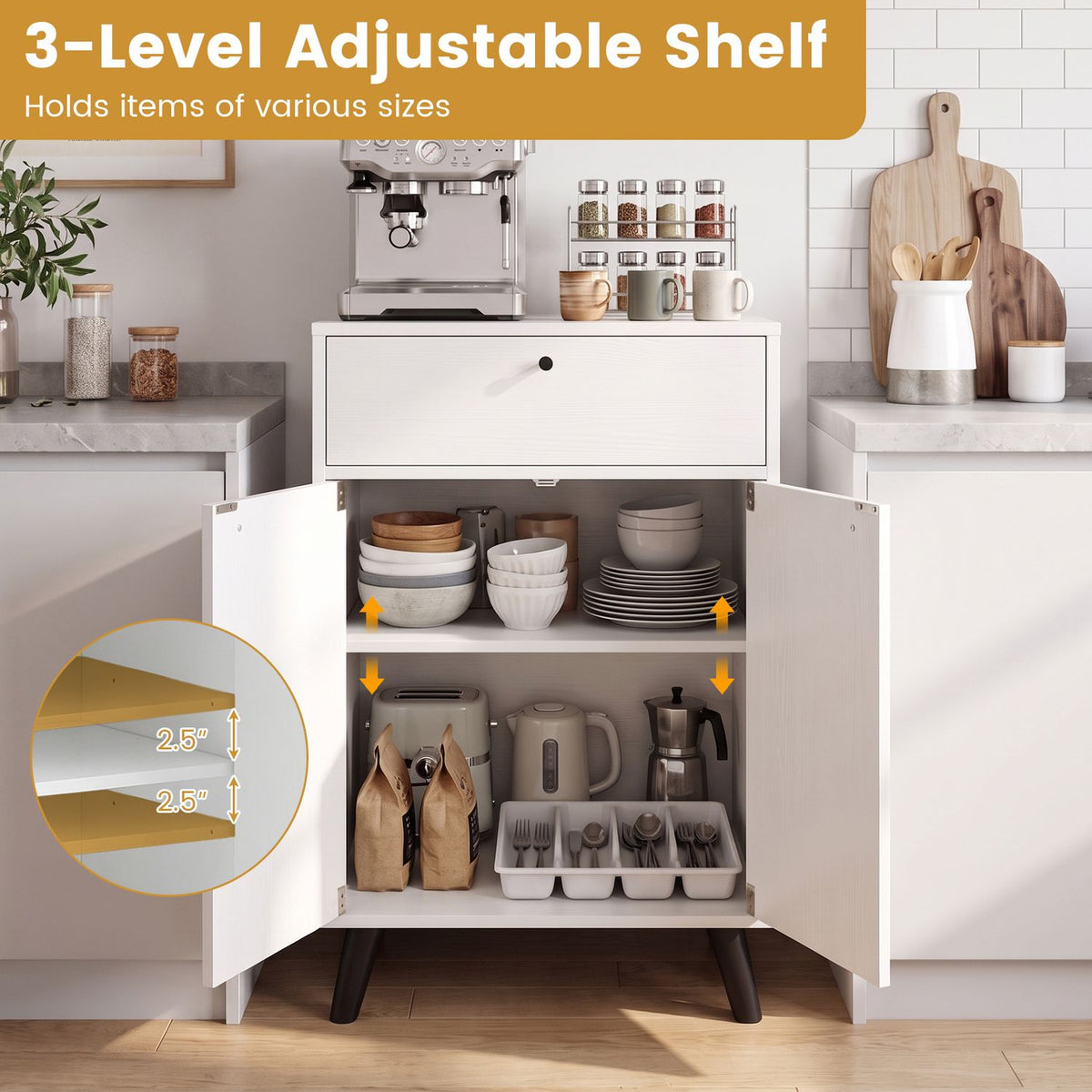 Kitchen Buffet Cabinet with 1 Drawer 2 Doors and Adjustable Shelf-White