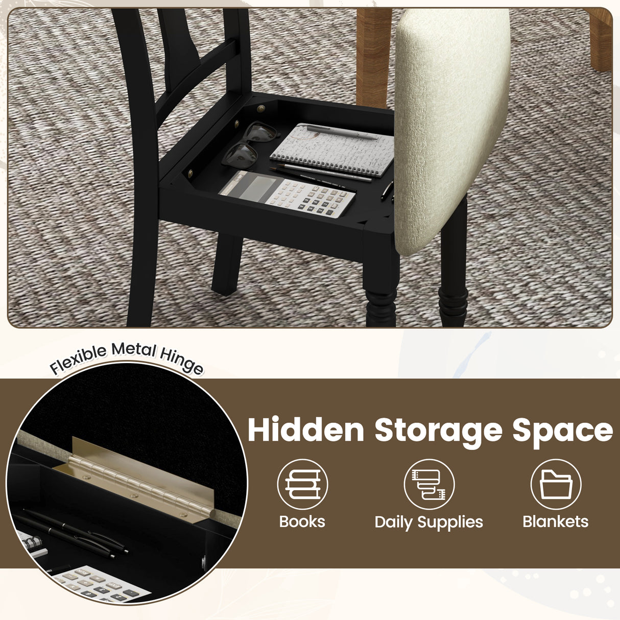 Set of 2 Kitchen Dining Chair with Linen Fabric and Storage Space