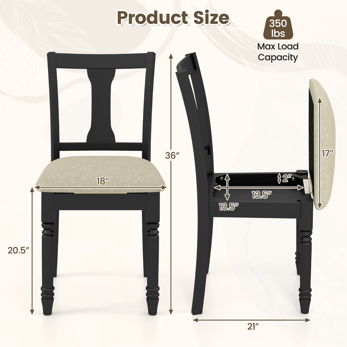 Set of 2 Kitchen Dining Chair with Linen Fabric and Storage Space