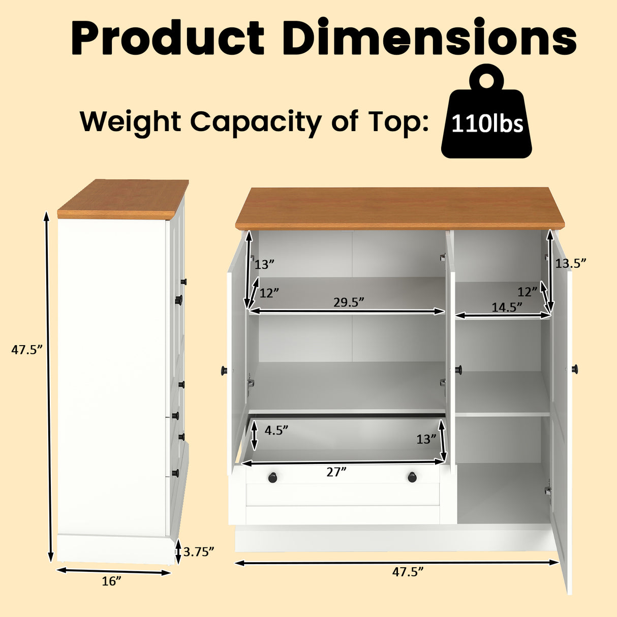 47.5 Inch Kitchen Freestanding Storage Cabinet with 3 Doors and 2 Large Drawers-White