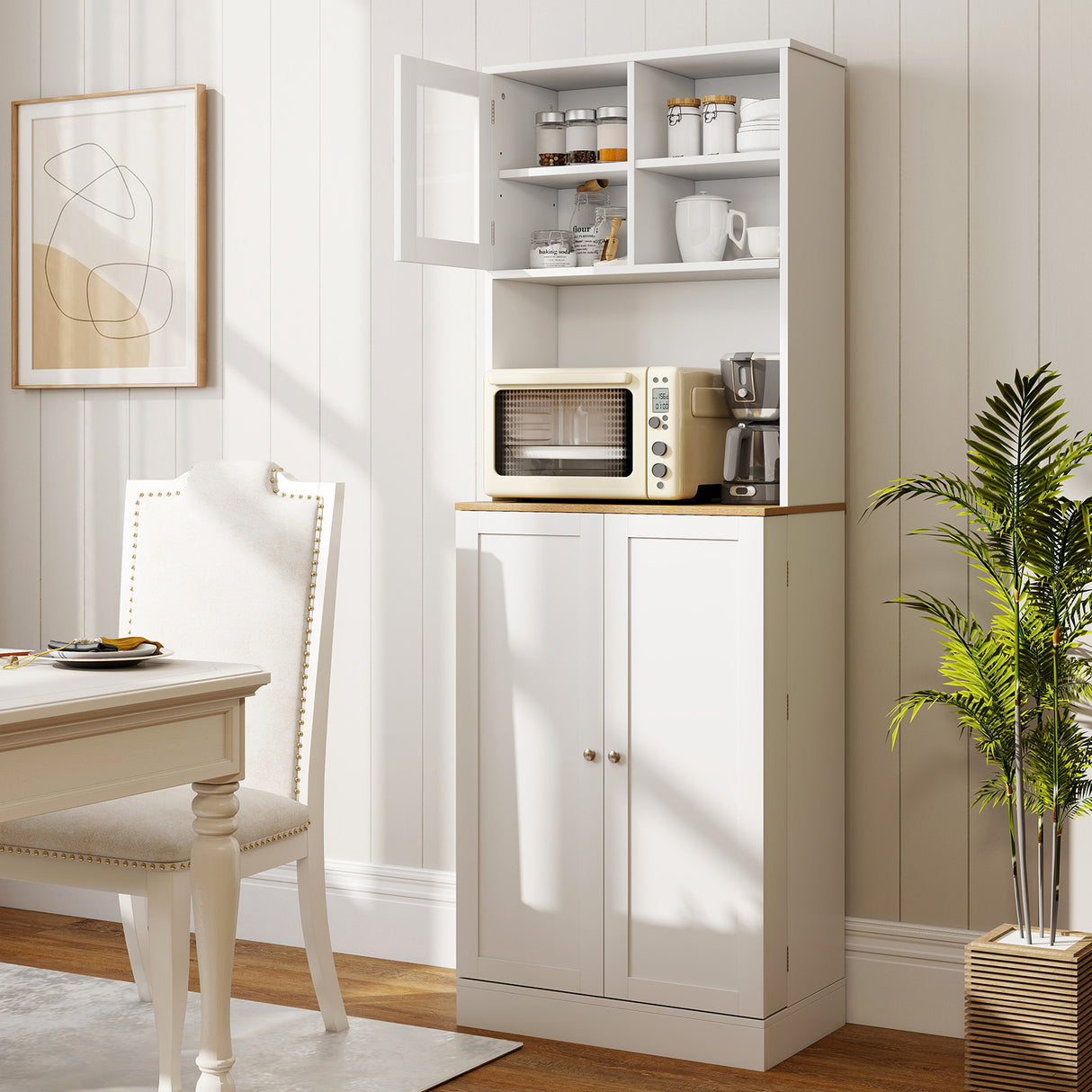 Kitchen Pantry Cabinet 67 Inch Freestanding Tall Cupboard with Microwave Shelf-White