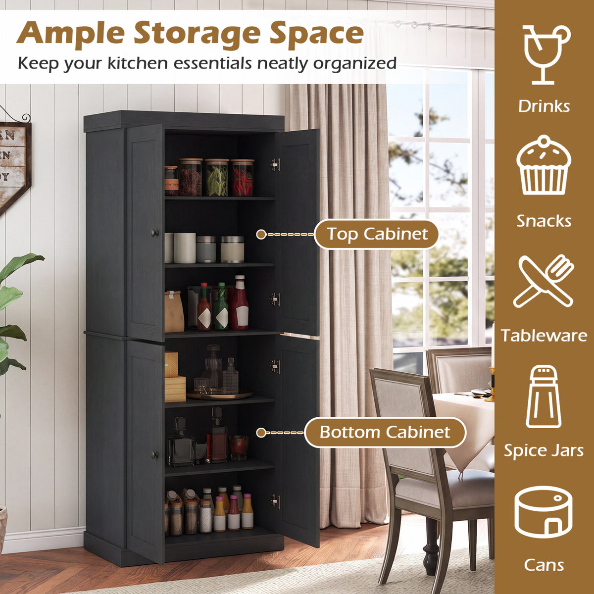 Kitchen Pantry Cabinet with 2 Adjustable Shelves and Anti-Tipping Kits for Living Room