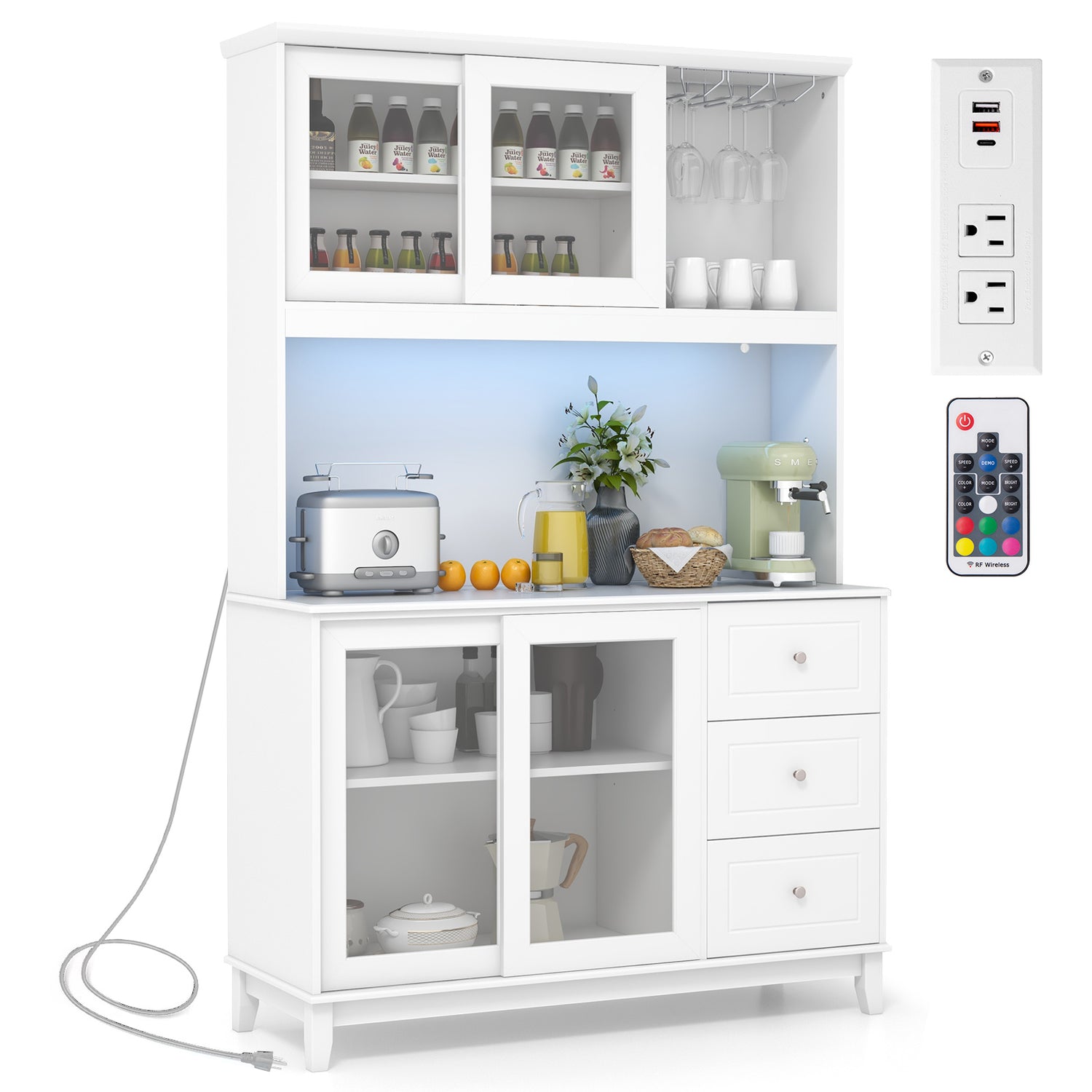 Kitchen Pantry Storage Cabinet Kitchen Hutch with LED lights and Power Outlet