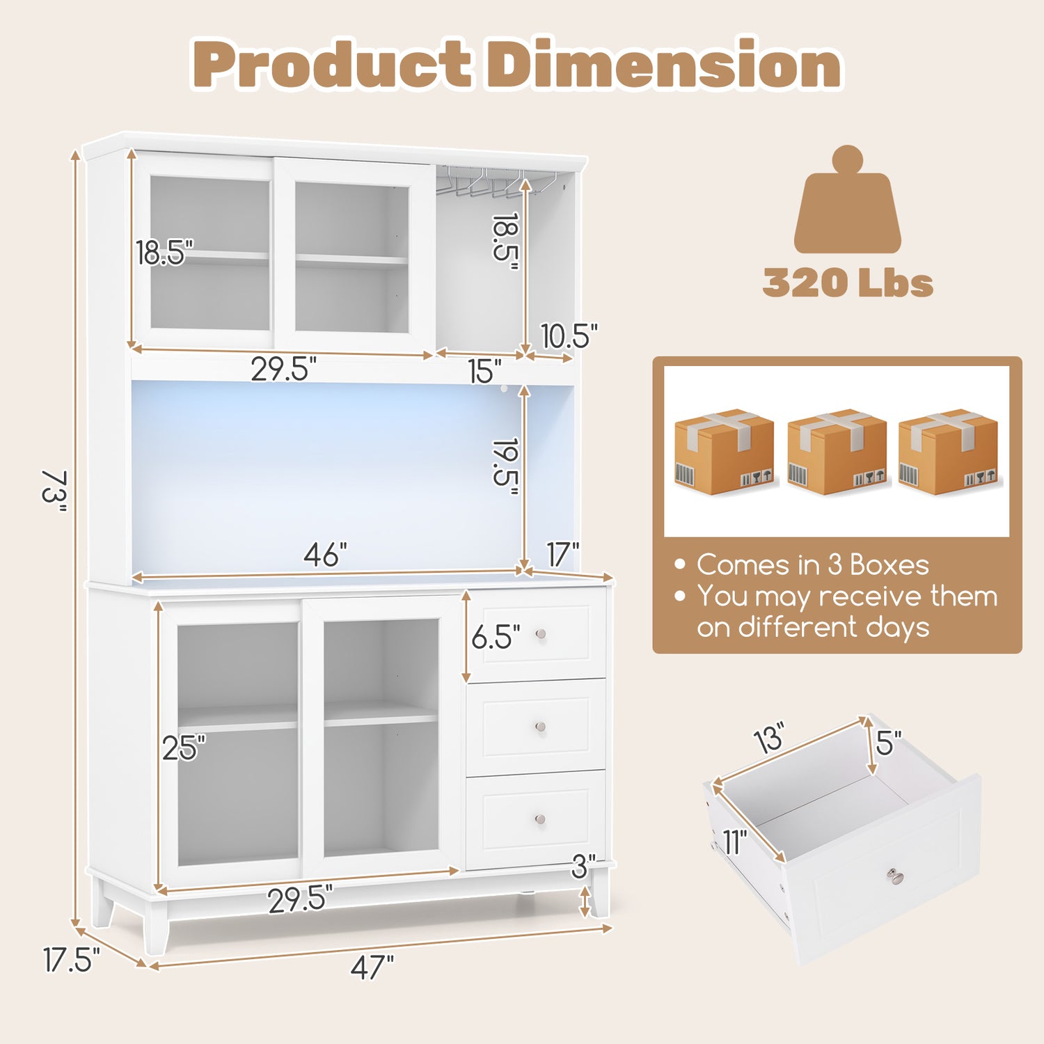 Kitchen Pantry Storage Cabinet Kitchen Hutch with LED lights and Power Outlet