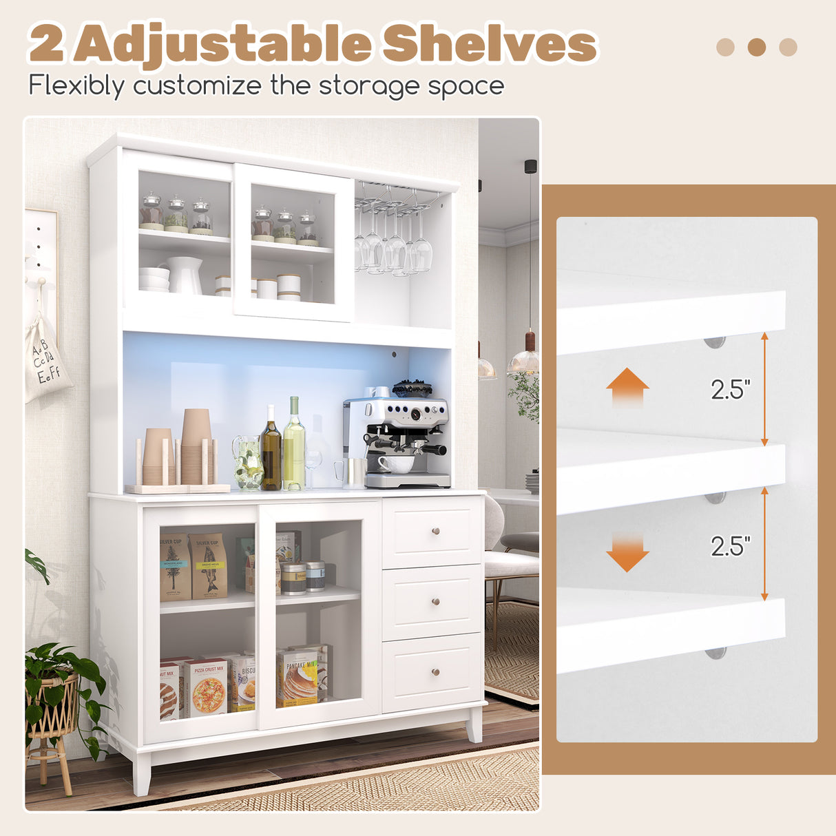 Kitchen Pantry Storage Cabinet Kitchen Hutch with LED lights and Power Outlet