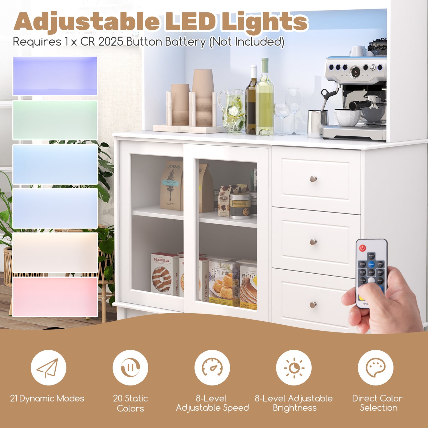 Kitchen Pantry Storage Cabinet Kitchen Hutch with LED lights and Power Outlet