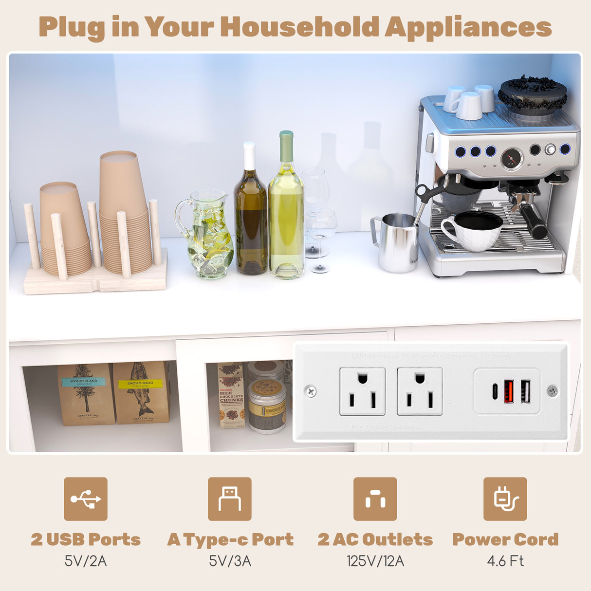 Kitchen Pantry Storage Cabinet Kitchen Hutch with LED lights and Power Outlet