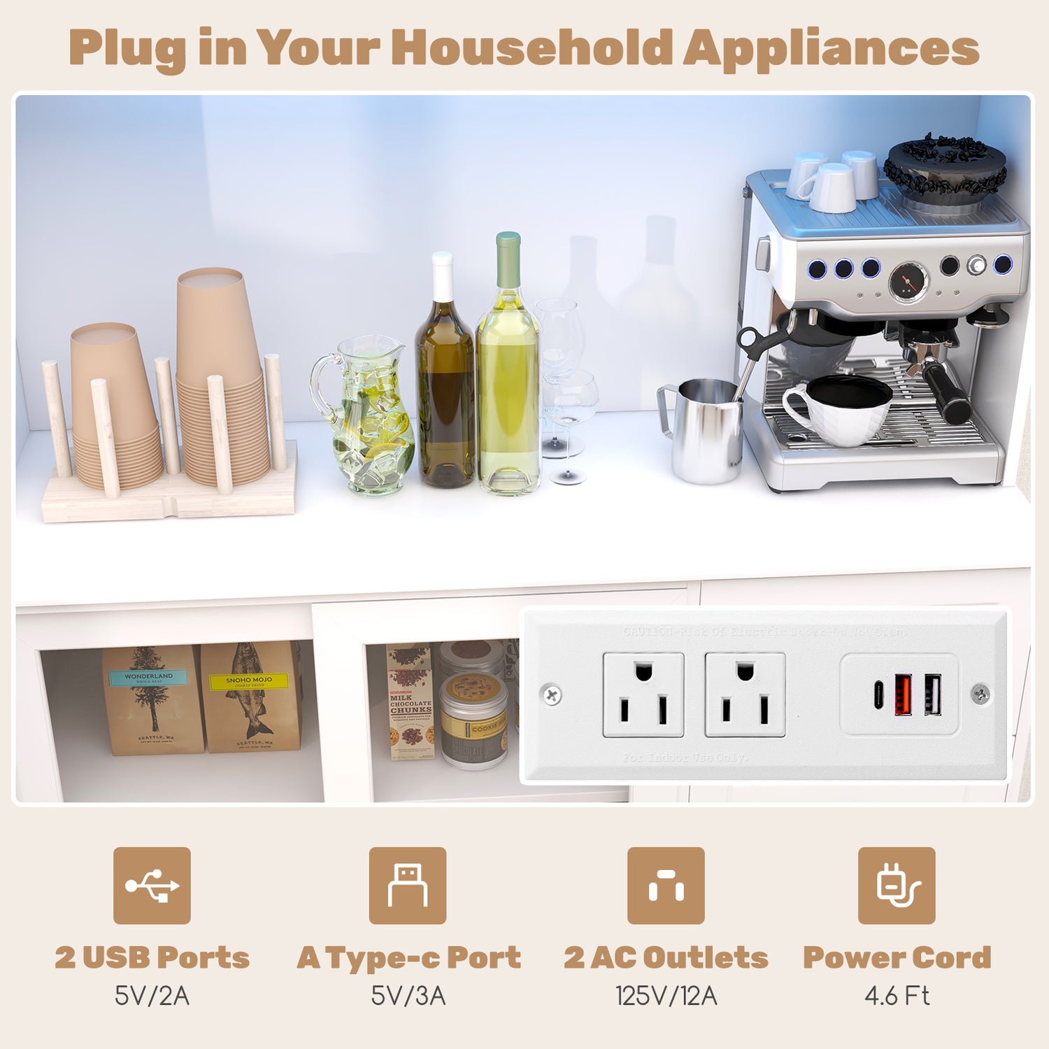 Kitchen Pantry Storage Cabinet Kitchen Hutch with LED lights and Power Outlet