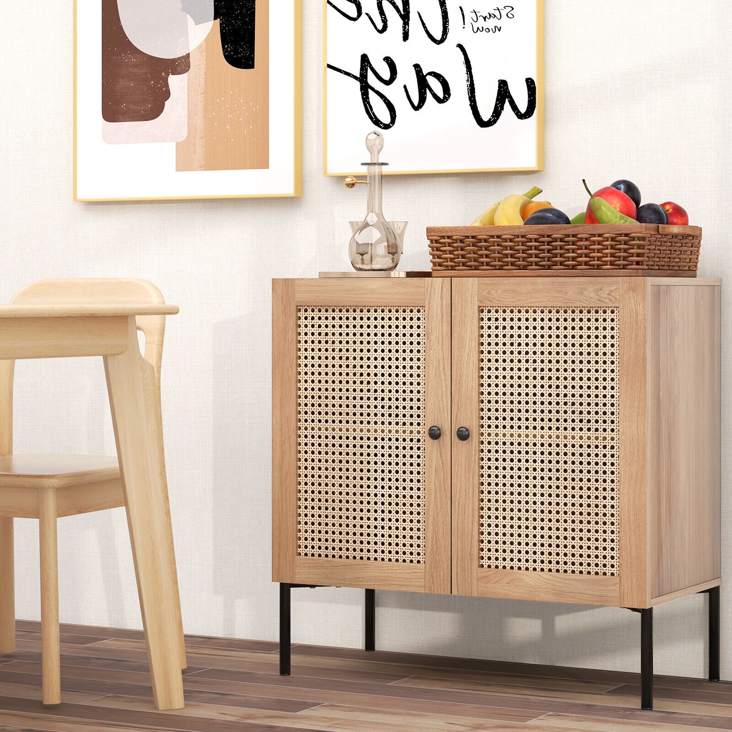 Kitchen Sideboard with 2 Rattan Doors and Adjustable Shelf