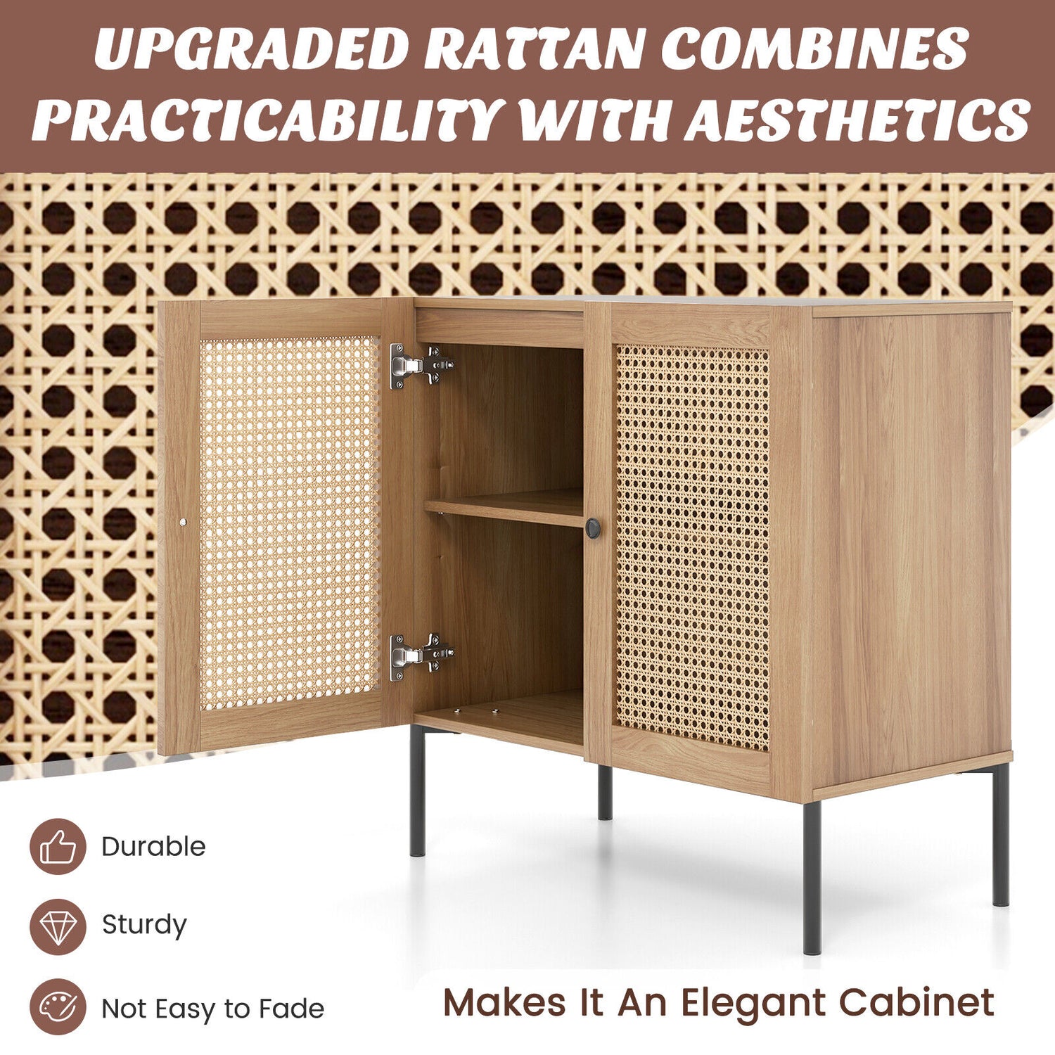 Kitchen Sideboard with 2 Rattan Doors and Adjustable Shelf