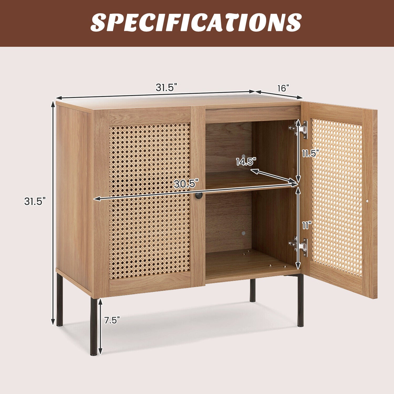 Kitchen Sideboard with 2 Rattan Doors and Adjustable Shelf