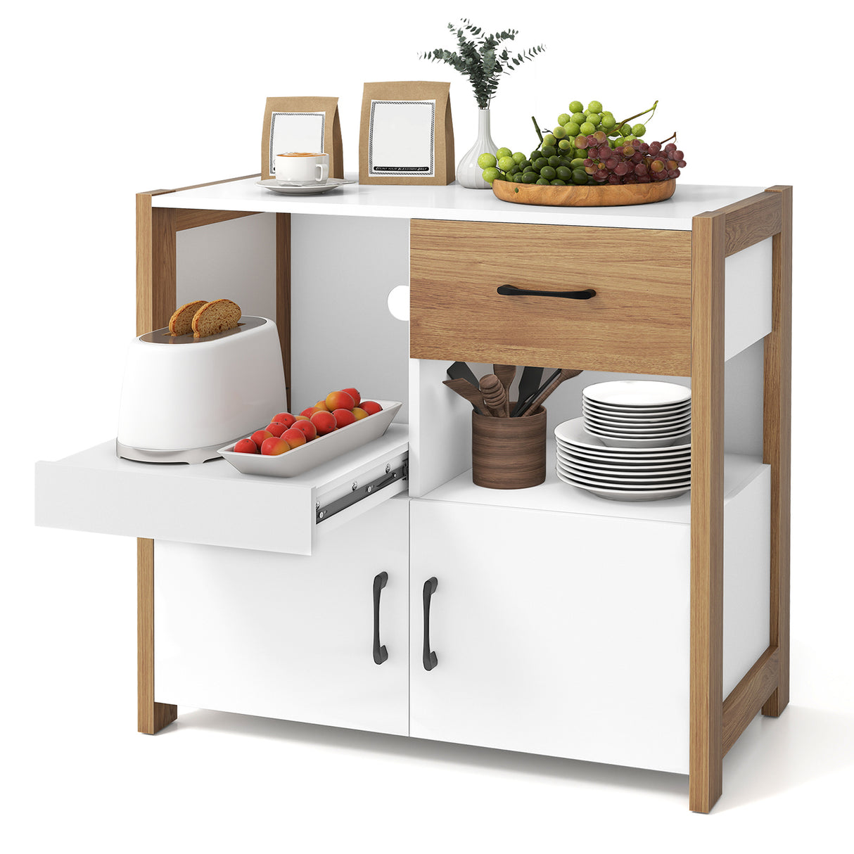Kitchen Storage Cabinet with Drawer Pull-Out Shelf and 2 Doors-White