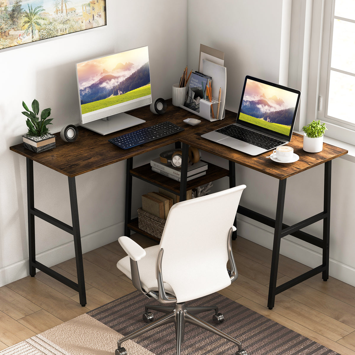 Left Corner Computer Desk L Shaped Corner Computer Desk with Storage Shelves-Brown – Moogdesk