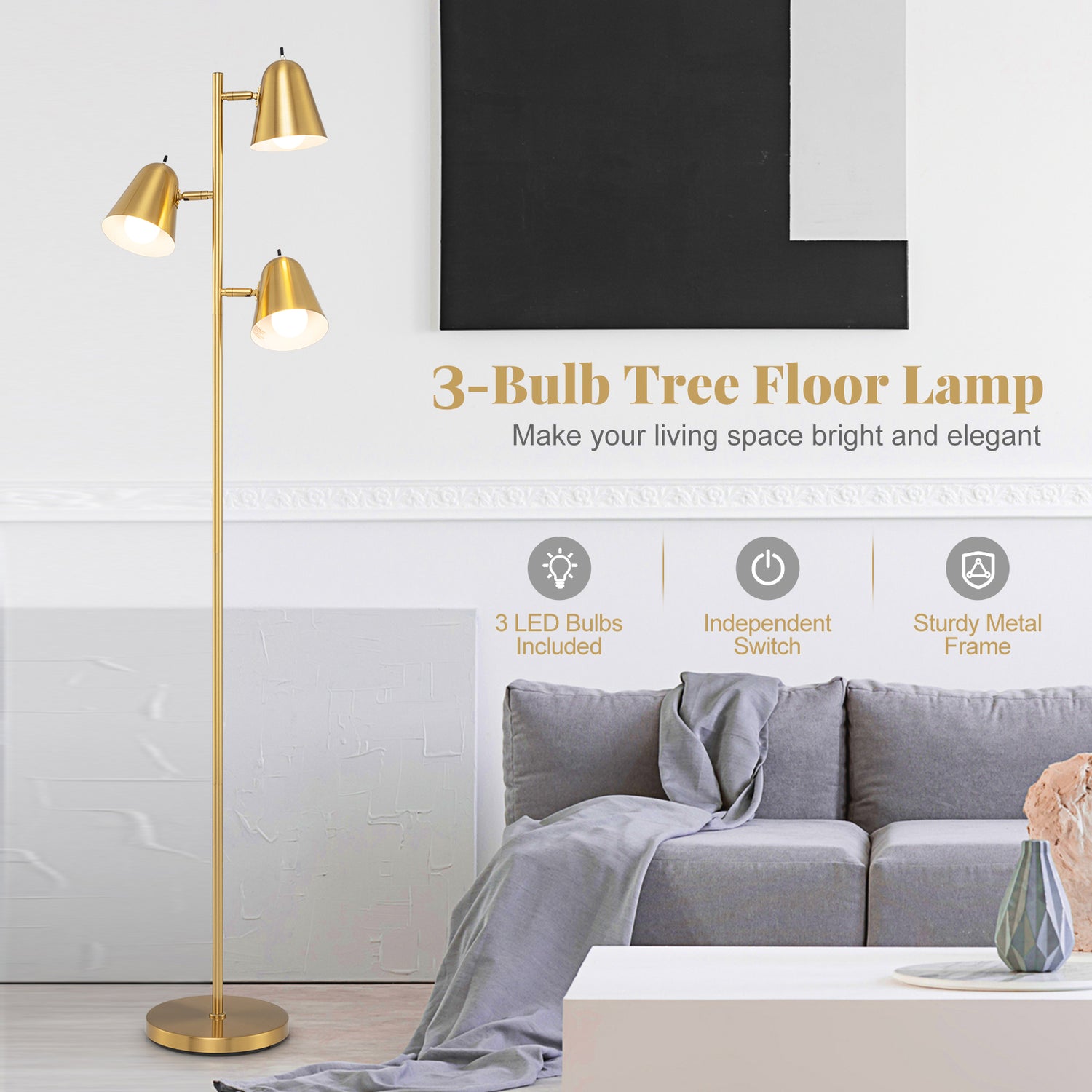 64 Inch 3-Light LED Floor Lamp Reading Light for Living Room Bedroom