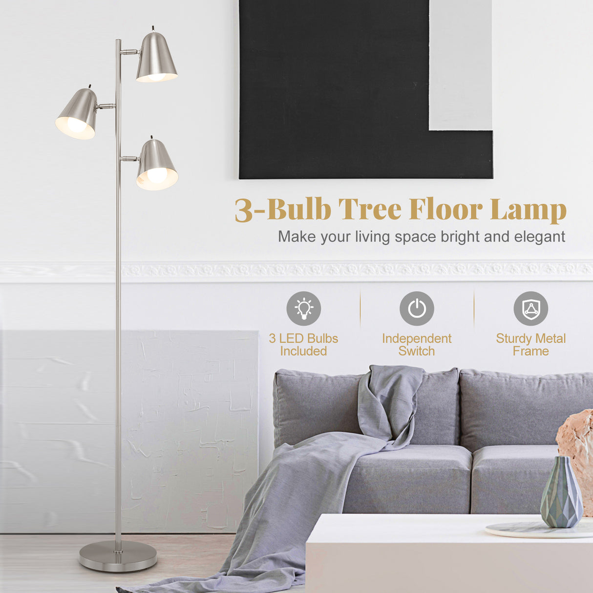 64 Inch 3-Light LED Floor Lamp Reading Light for Living Room Bedroom