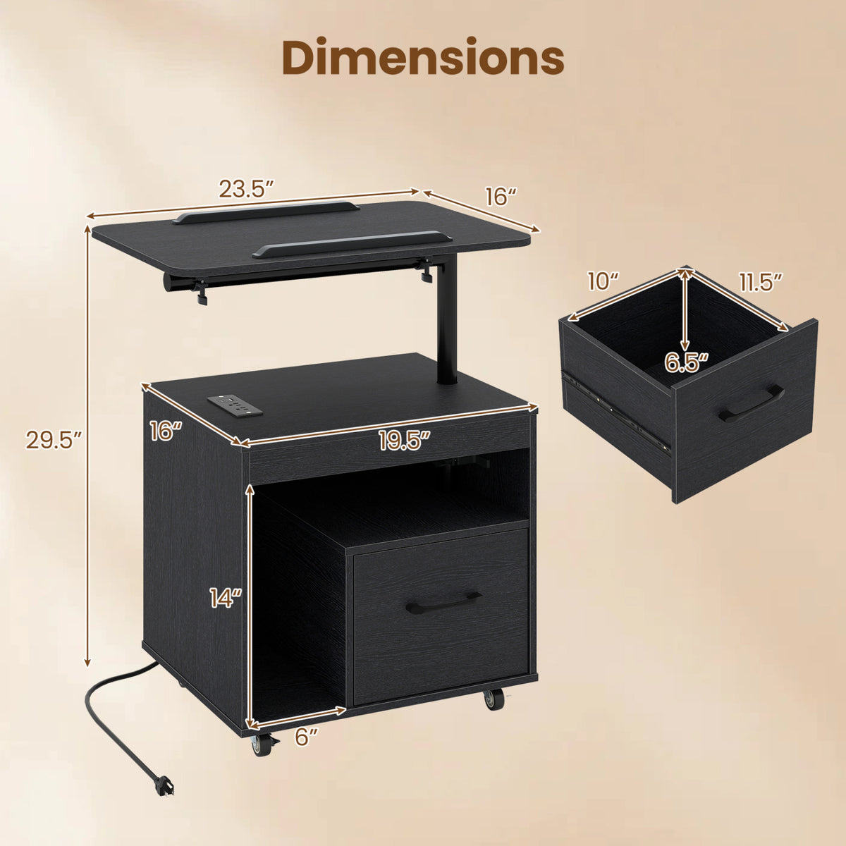 LED Nightstand with Power Outlets Modern Bedside Table with Flip over