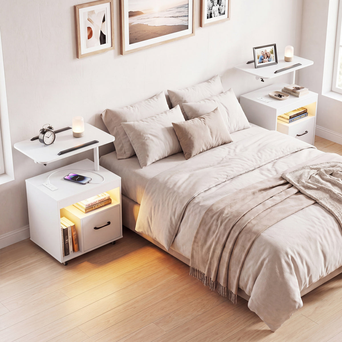 LED Nightstand with Power Outlets Modern Bedside Table with Flip over