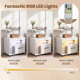 LED Nightstand with Power Outlets Modern Bedside Table with Flip over