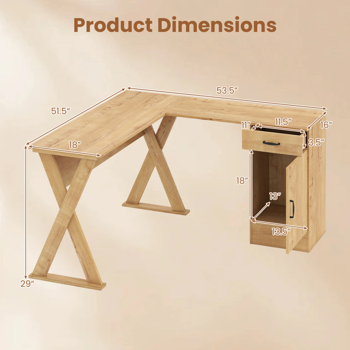 L-Shaped Computer Desk with Reversible Drawer and Cabinet for Bedroom and Small Spaces Workstation-Oak