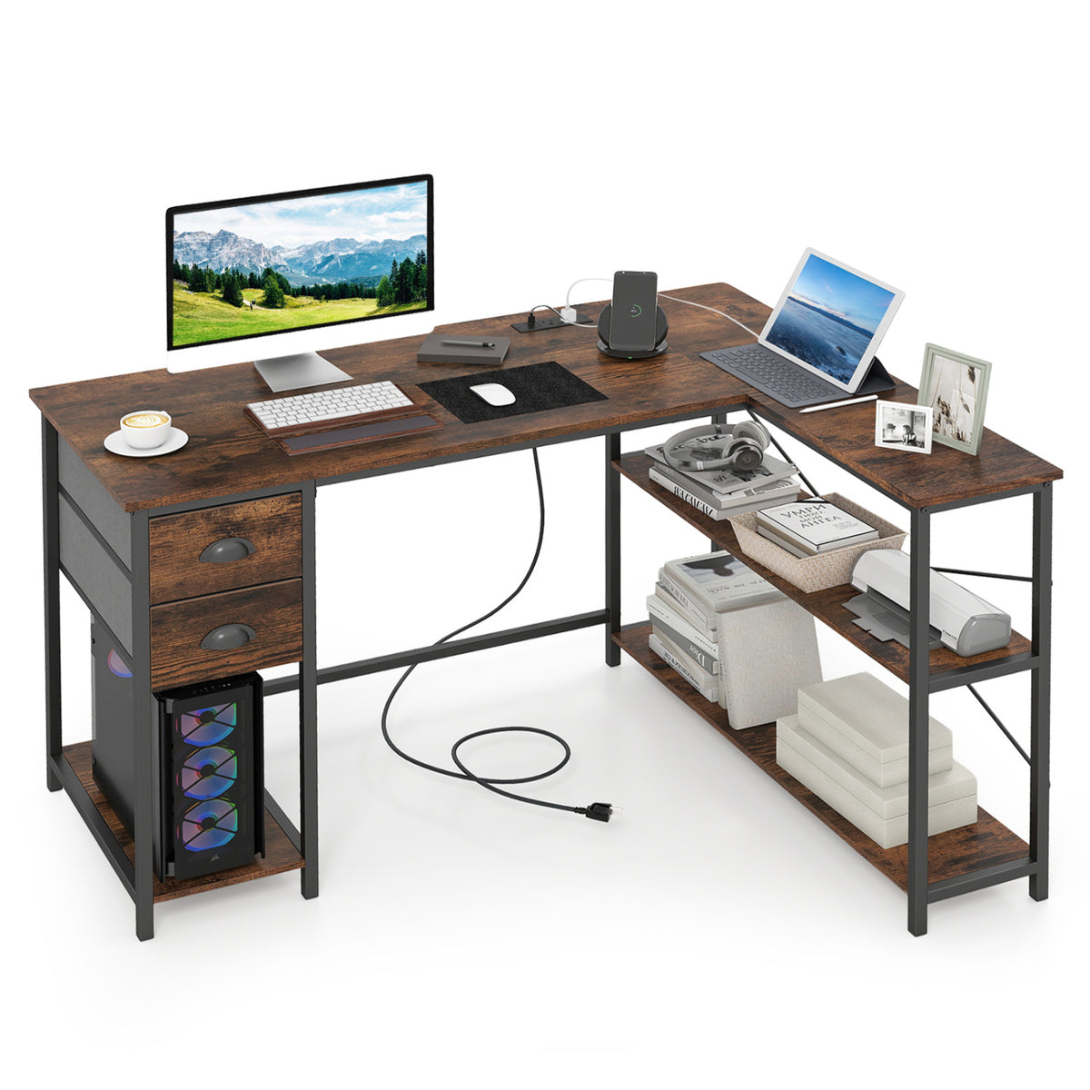 L Shaped Desk with Charging Station Corner Computer Desk with 2 Fabric Drawers
