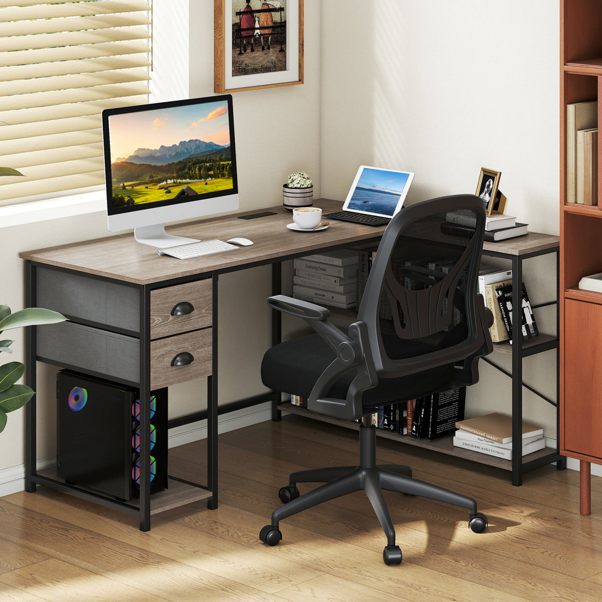 L Shaped Desk with Charging Station Corner Computer Desk with 2 Fabric Drawers