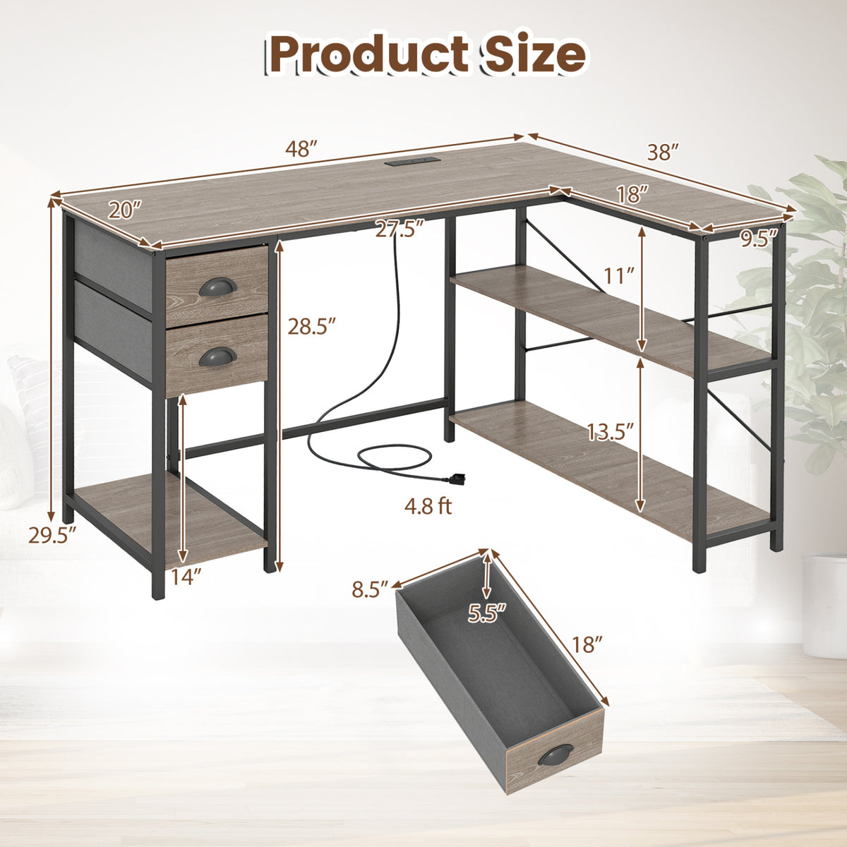 L Shaped Desk with Charging Station Corner Computer Desk with 2 Fabric Drawers