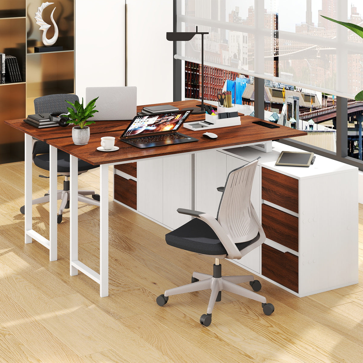L-Shaped Desk with File Cabinet and Power Outlet Reversible Corner Computer Desk