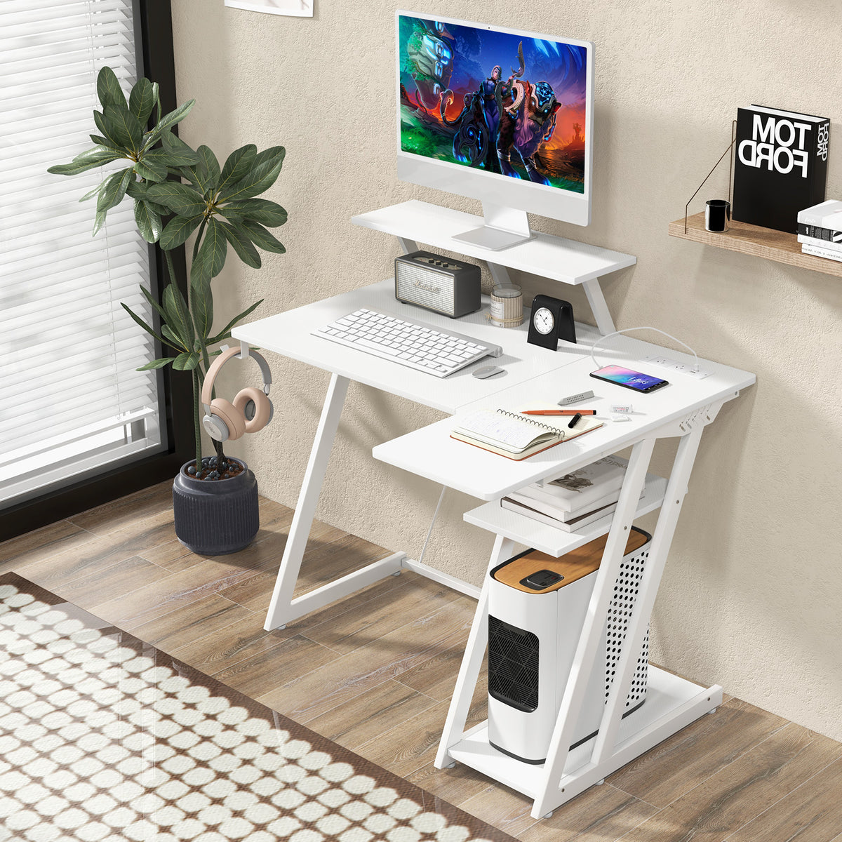 L Shaped Gaming Desk with Outlets and USB Ports