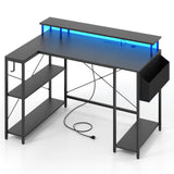 L-Shaped Gaming Desk with LED Lights and Power Outlets