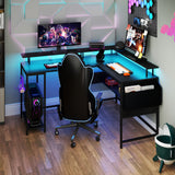 L-Shaped Gaming Desk with LED Lights and Power Outlets Home Office Computer Desk