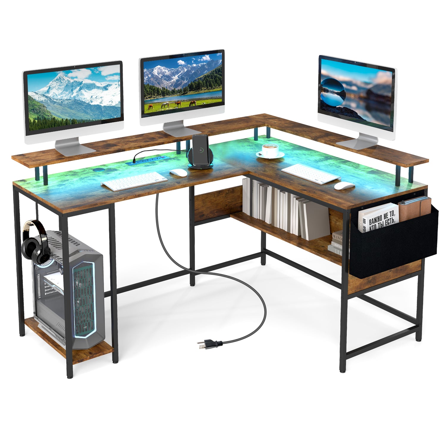 L-Shaped Gaming Desk with LED Lights and Power Outlets Home Office Computer Desk