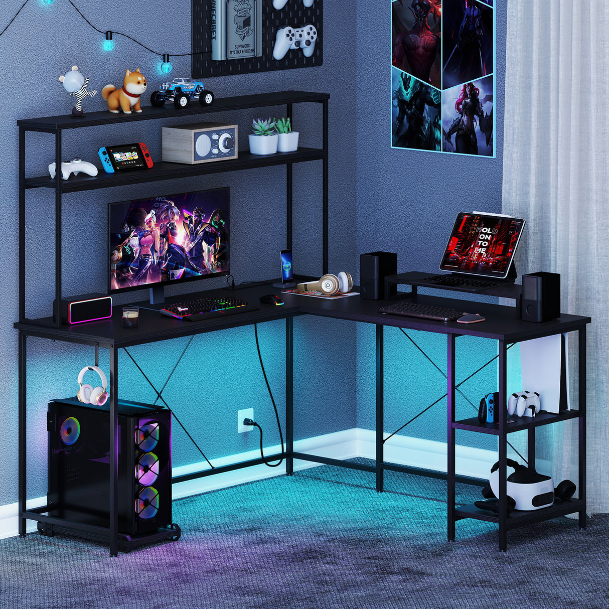 L-Shaped Reversible Gaming Desk with LED Strip and Power Outlets Hutch Monitor Stand